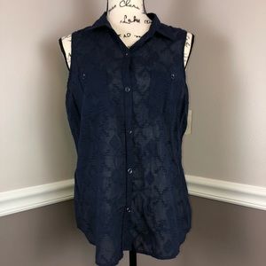 NWT Navy blue almost sheer printed button down top